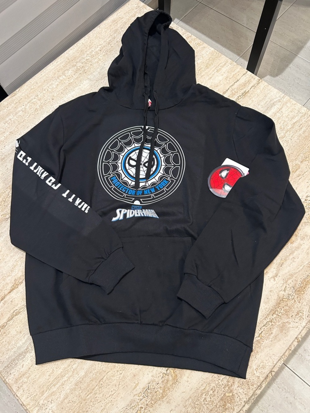 NEW 🆕 Spiderman Black Hoodie with Blue & White Emblems
